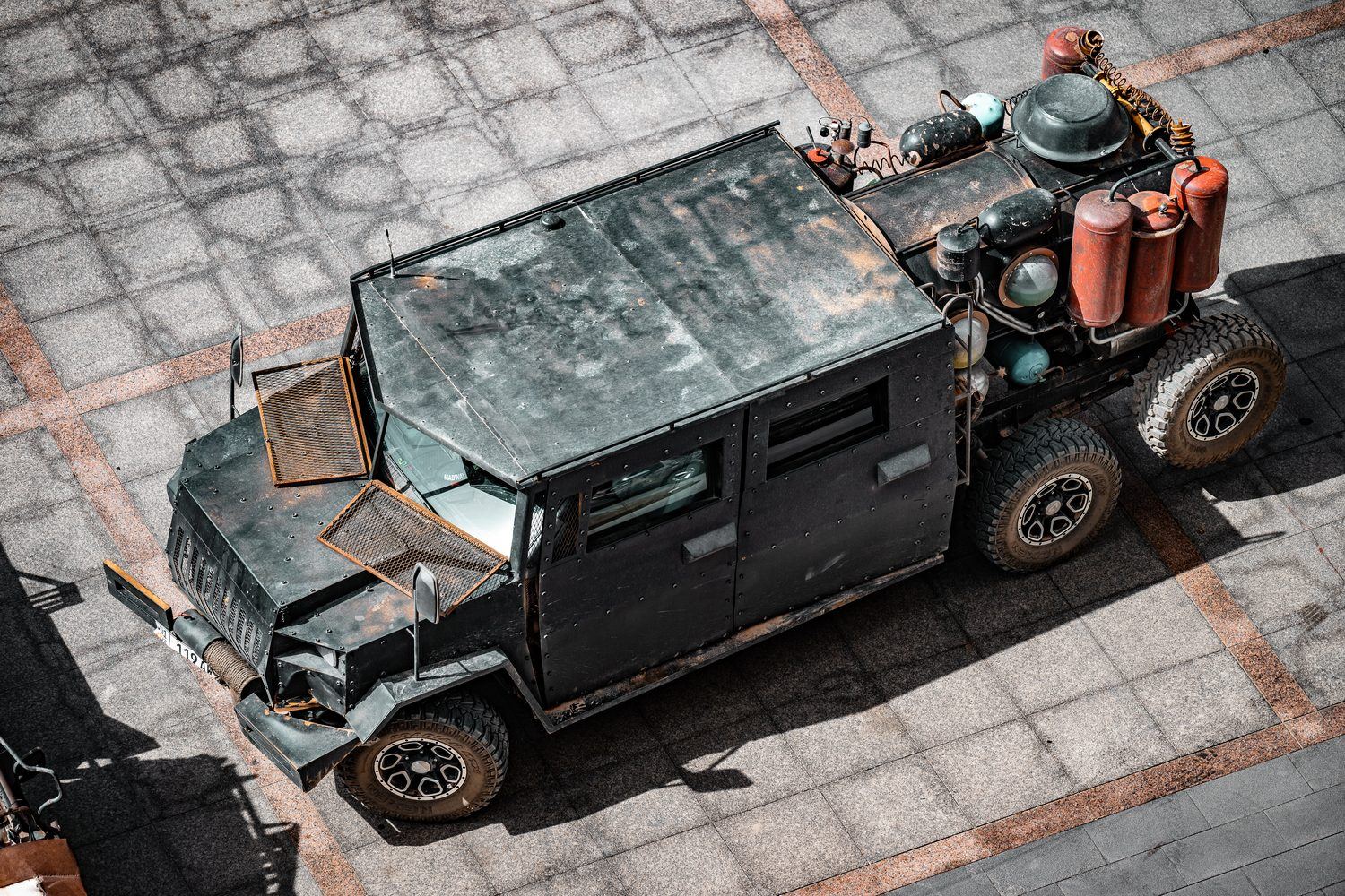MadWay Rally armored truck in the old town of Kashgar, China, seen from above