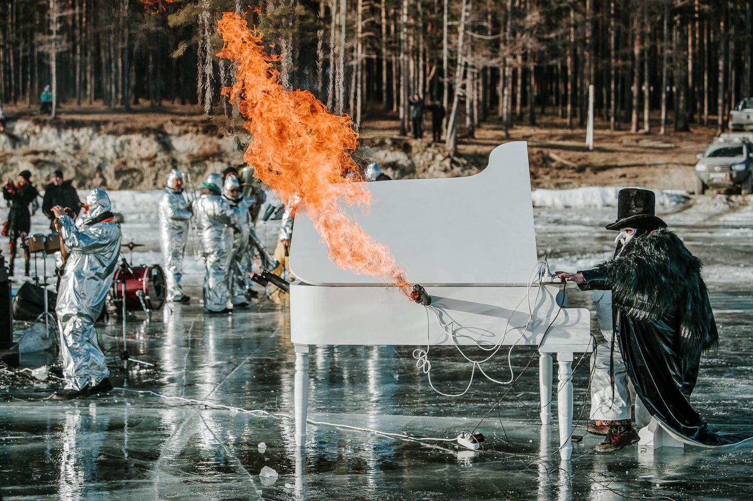 Flaming piano performance on the ice of Lake Baikal during MadWay Rally